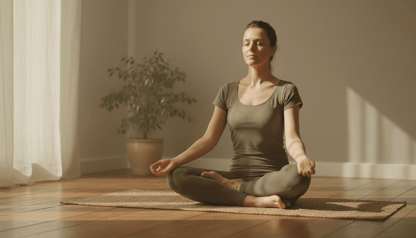 Persona sentada en postura de meditación sobre una esterilla en una habitación luminosa y tranquila