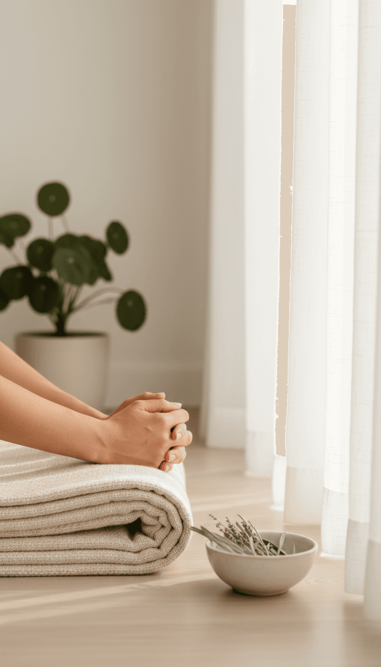 Manos descansando sobre una esterilla de yoga doblada, con luz suave de la mañana y una pequeña planta de fondo