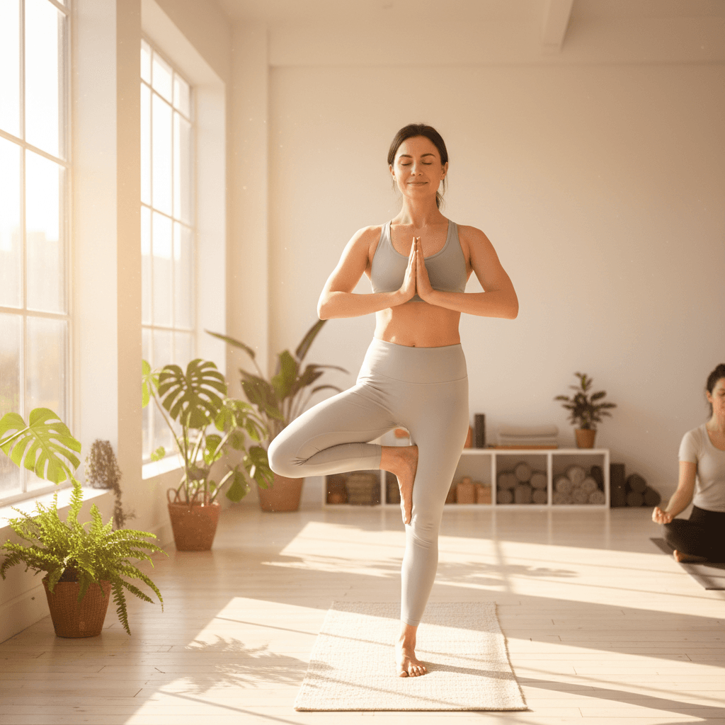 Instructora de yoga en clase tranquila