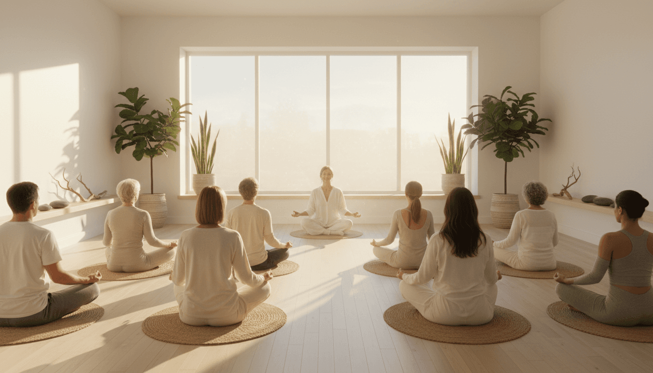 Instructor de yoga guiando una clase de meditación en estudio luminoso